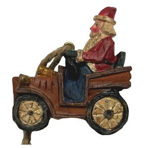Vintage Mini Christmas Tree Ornament Santa Driving Car 2" Tall Carved Style